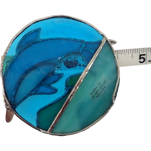 Jumping Dolphin Stained Glass Sun Catcher with Ocean & Mountains 4" Beach Decor - Picture 3 of 6